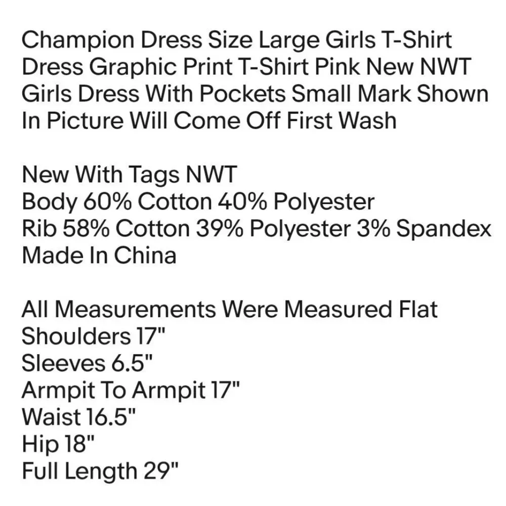 Champion Dress Size Large Girls T-Shirt Dress Graphic Print T-Shirt Pink New NWT